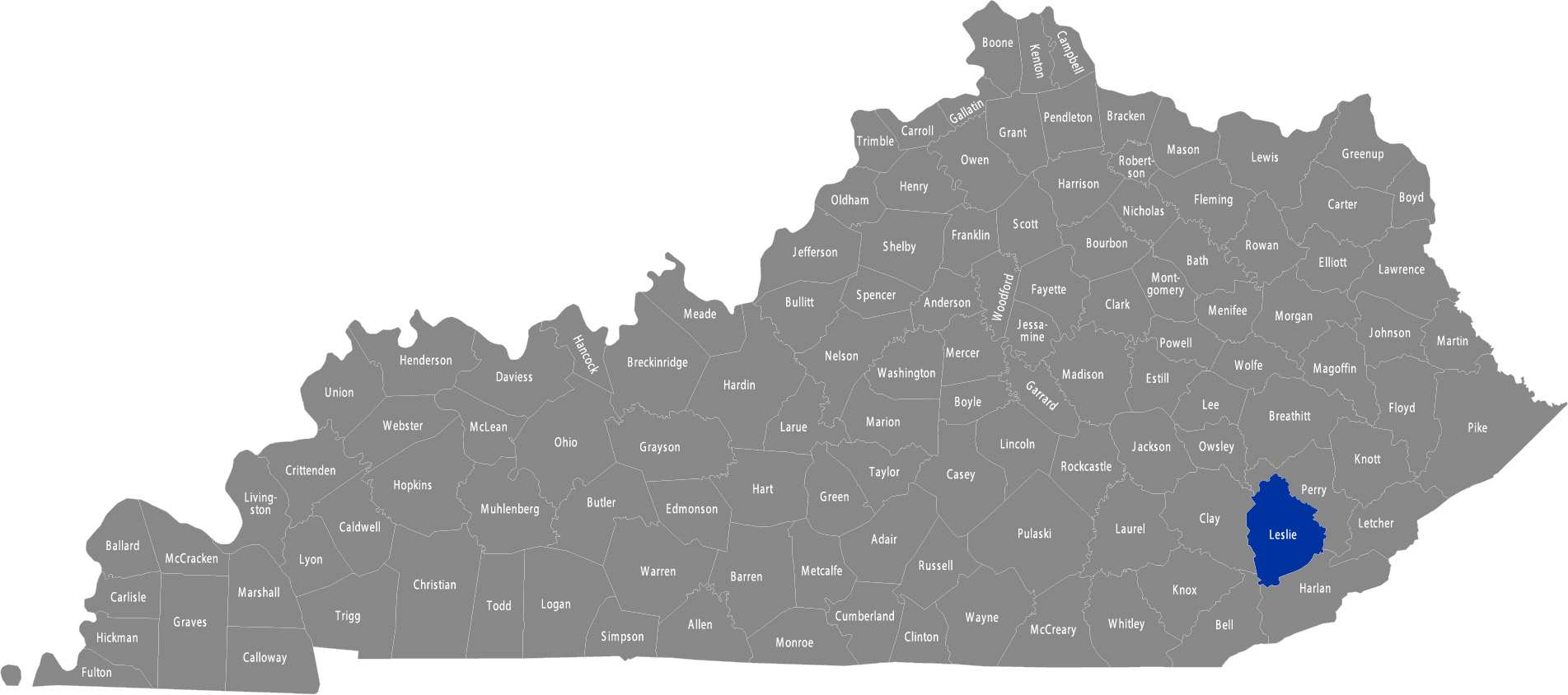 State of Kentucky map with Leslie County highlighted 