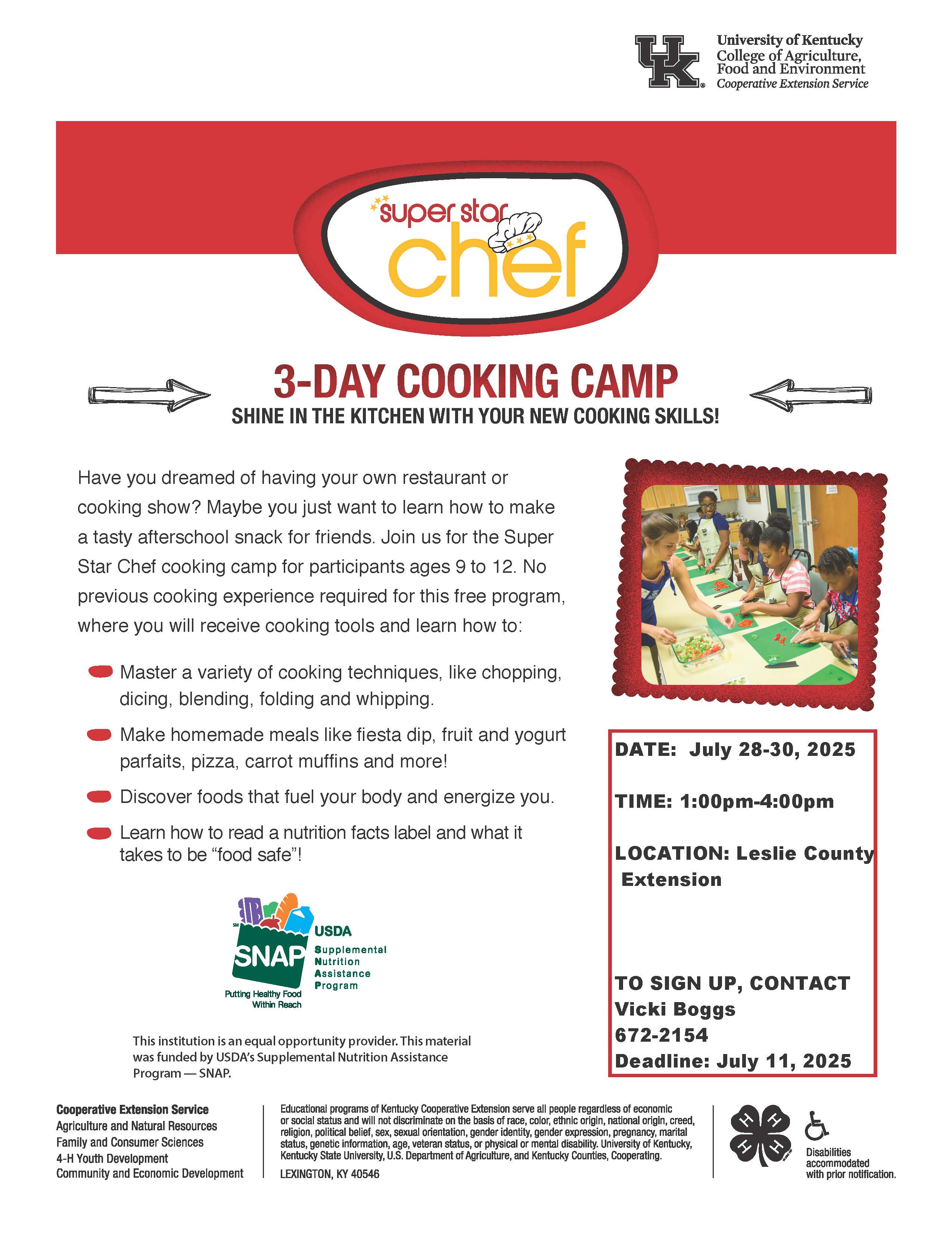 Flyer with dates and times of super star chef camp