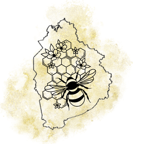 Leslie County map with a honey bee and flowers.