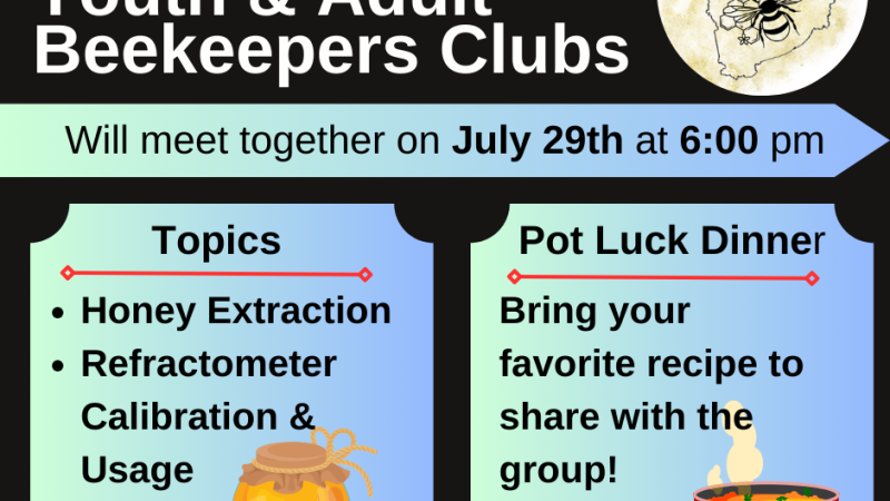 Join us for a pot luck dinner where we will learn about honey extraction, Refractometer calibration and Usage.