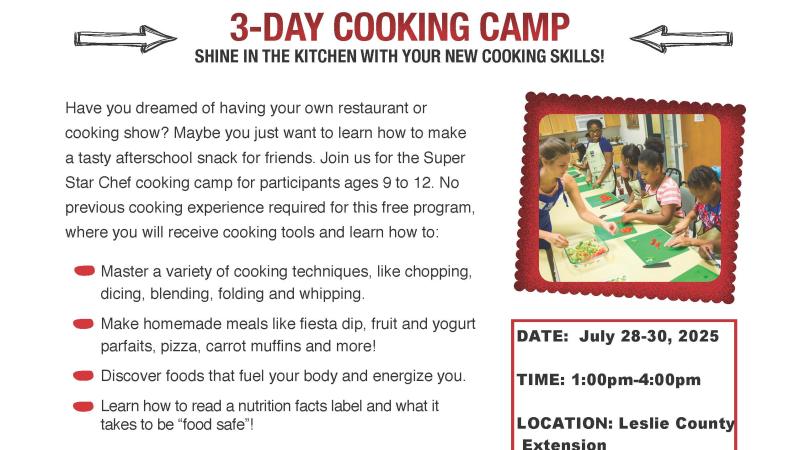 Flyer with dates and times of super star chef camp