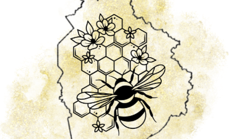 Leslie County map with a honey bee and flowers.